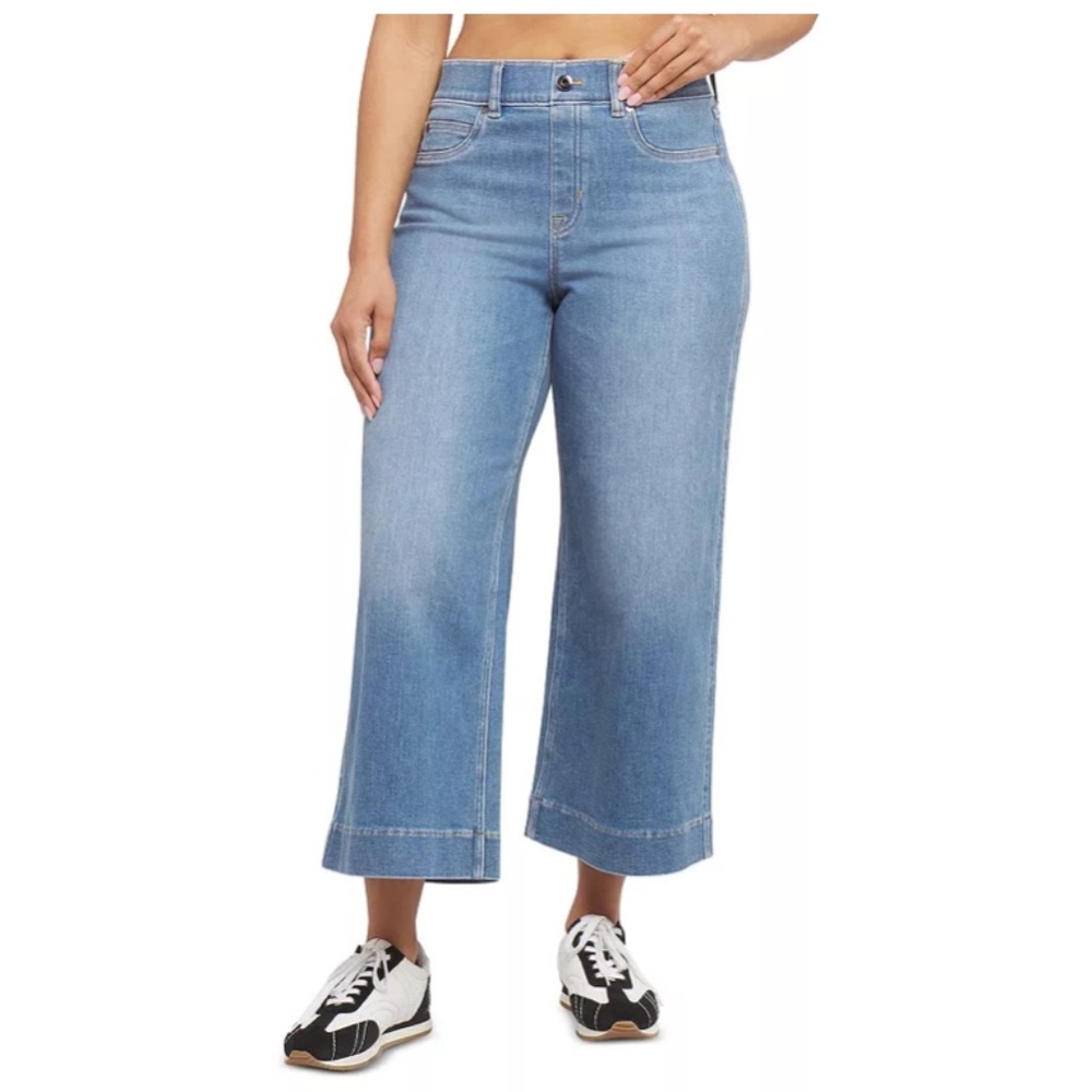 SPANX® Cropped Wide Leg Jeans in Stonewashed Blue Size XL